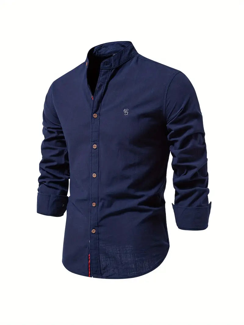 Close-up of a men's casual button-up shirt, highlighting fabric texture and quality stitching. Modern style.