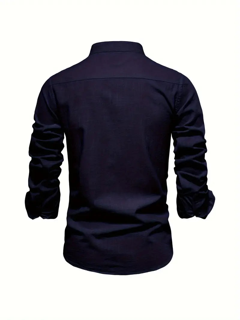 Back view of a men's modern casual long-sleeve button-up shirt, emphasizing its comfortable, tailored fit.