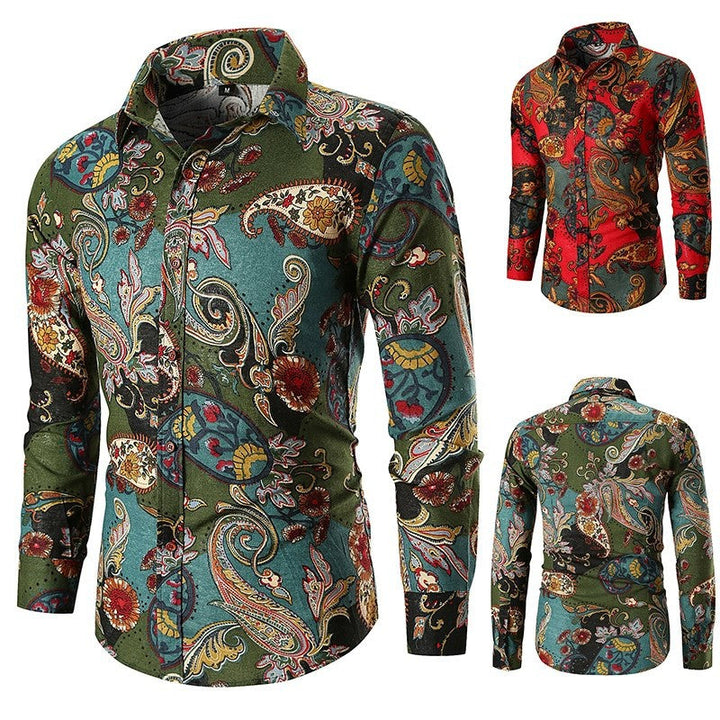Stylish men's long sleeve shirt with intricate paisley print, perfect for a fashion statement. Comfortable & elegant.