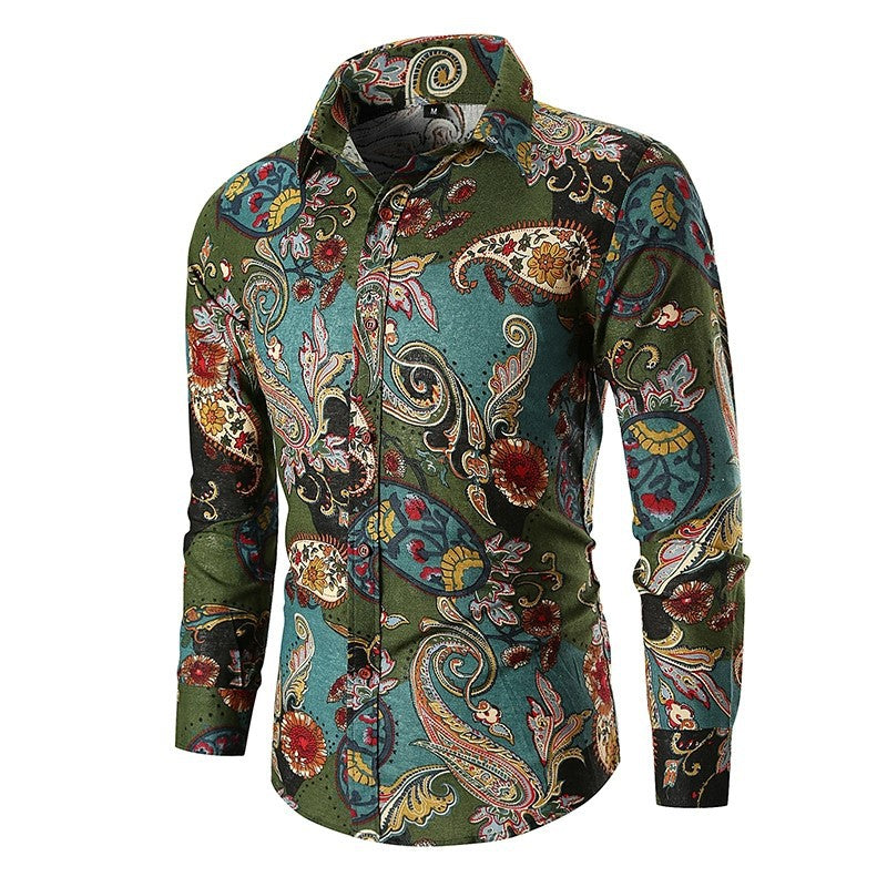 Comfortable men's long sleeve printed shirt, showcasing a unique and stylish paisley design for everyday fashion.