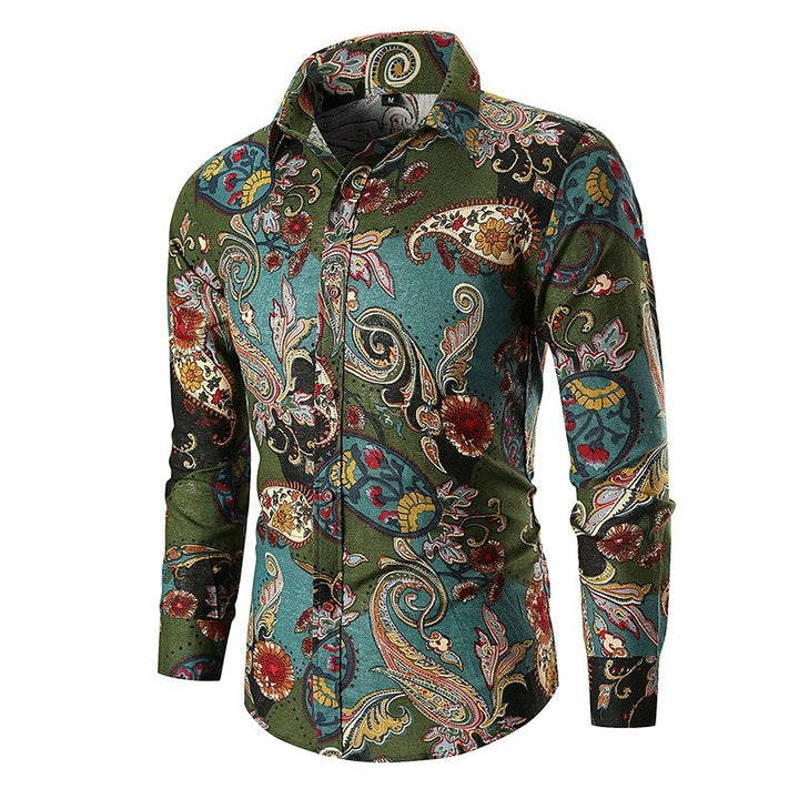 Comfortable men's long sleeve printed shirt, showcasing a unique and stylish paisley design for everyday fashion.