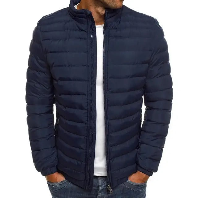 Men's stylish stand-up collar mid-season jacket. Lightweight, transitional outerwear for versatile casual fashion.