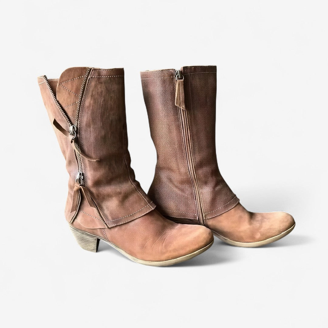 Stylish women's brown mid-calf boots with low heel, perfect for fall casual fashion