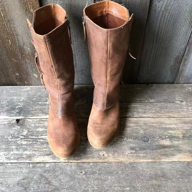 Casual brown mid-calf boots for women, featuring a comfortable low heel for everyday wear