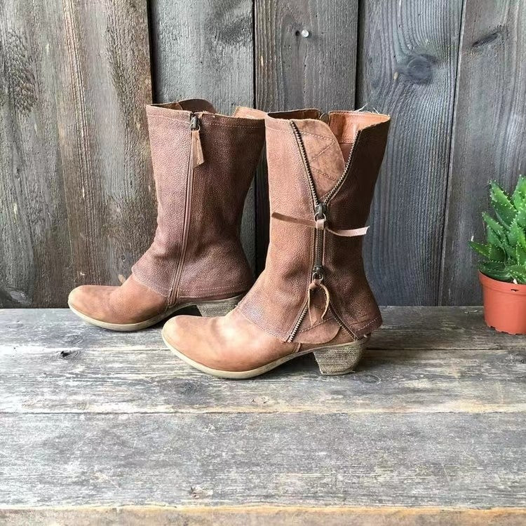 Everyday women's brown mid-calf boots with a chic low heel, emphasizing comfort and style
