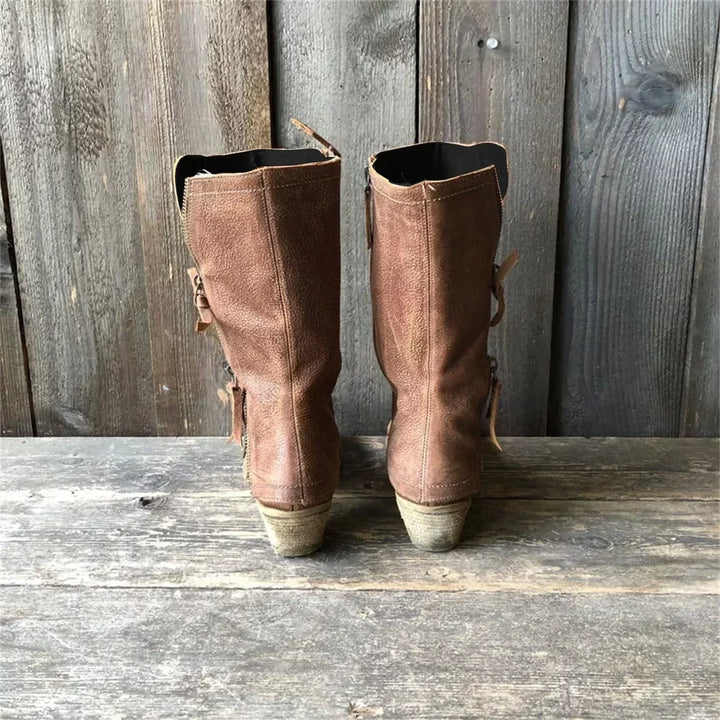 Fall fashion brown mid-calf boots for women, designed with a stylish low heel and casual appeal