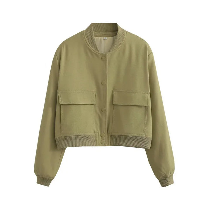 Modern women's cropped jacket with a classic button-front design, suitable for multiple seasons.