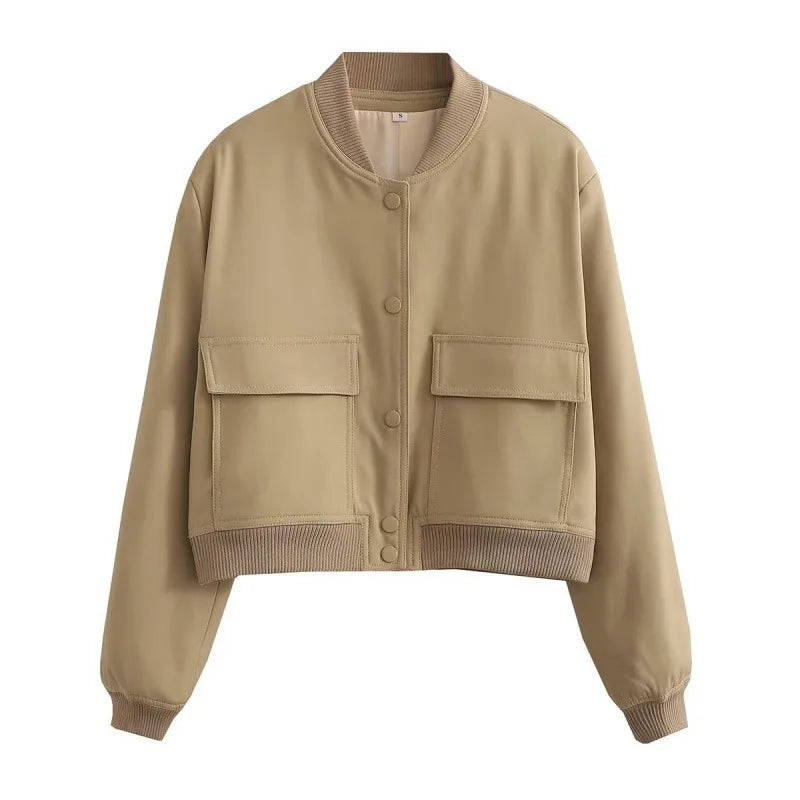 Full shot of a women's button-front cropped jacket, demonstrating its silhouette and fashion appeal.
