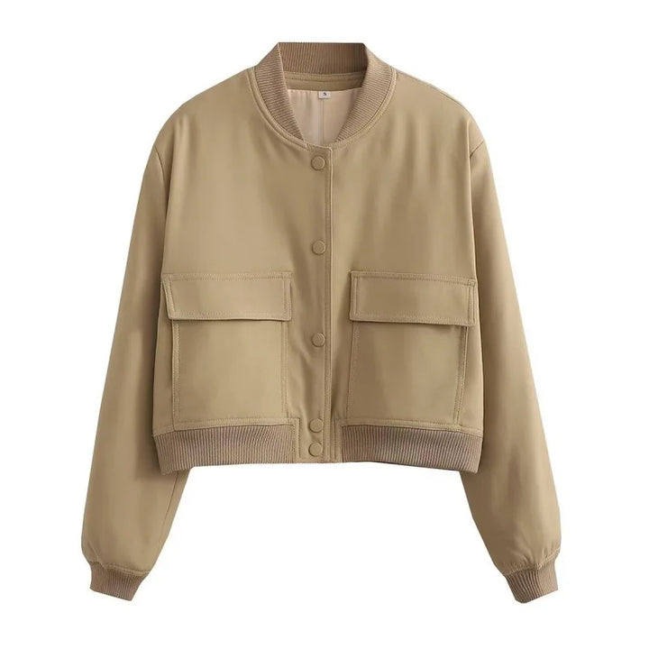 Full shot of a women's button-front cropped jacket, demonstrating its silhouette and fashion appeal.