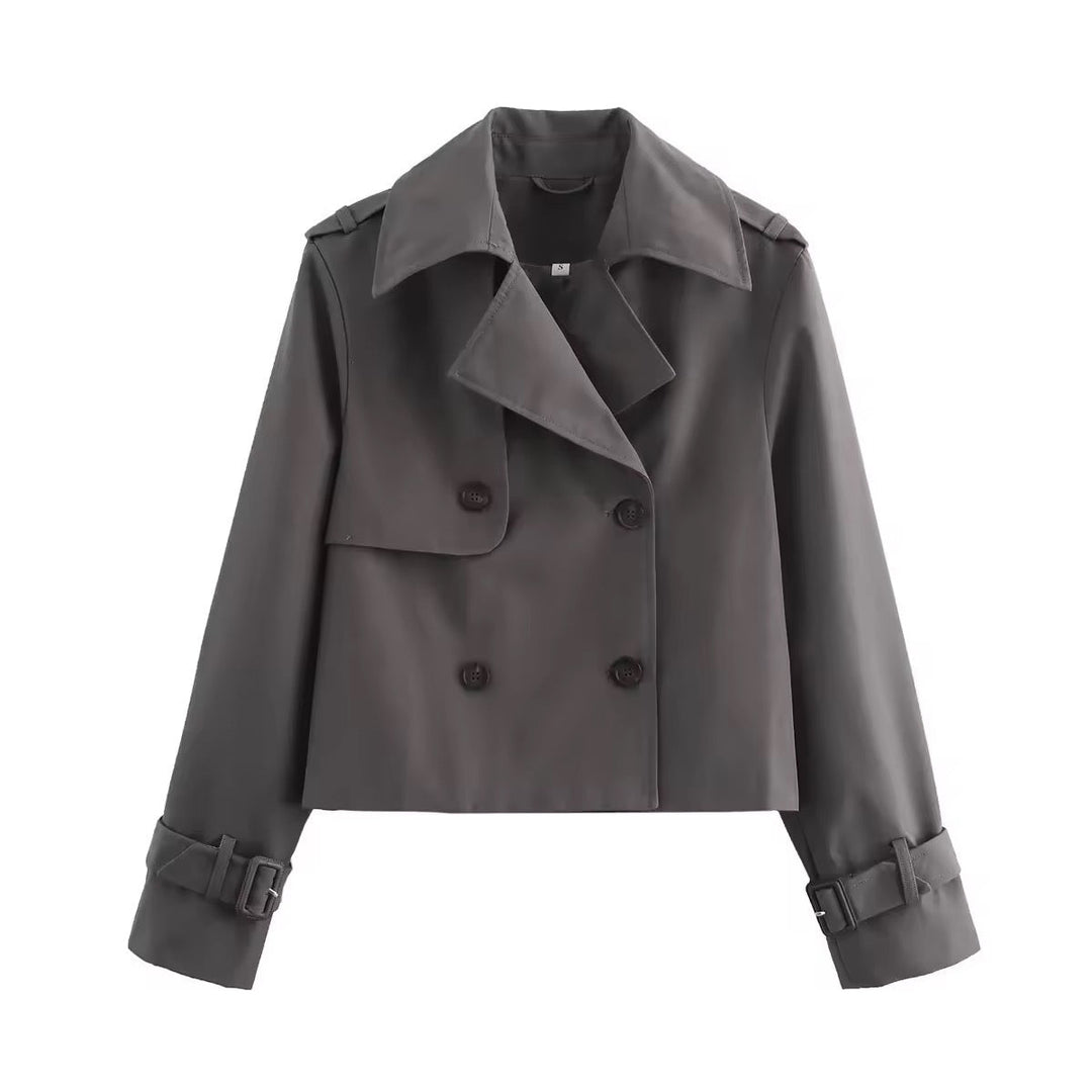 Modern women's cropped trench coat. Chic, versatile outerwear, perfect for spring/fall fashion and an elegant comfort fit.