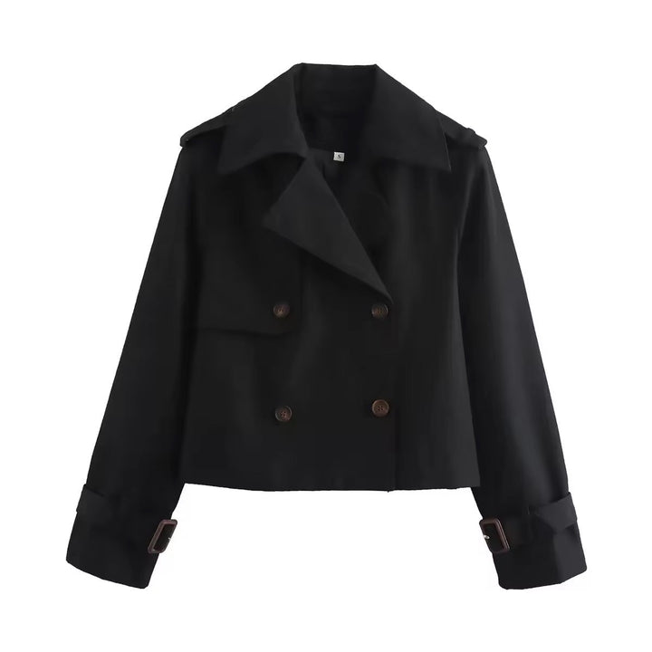 Trendy cropped trench coat for women. Stylish and comfortable outerwear jacket, great for versatile seasonal fashion trends.
