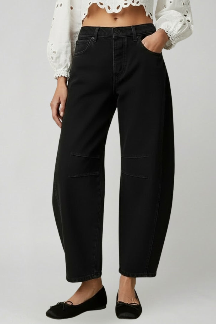 Comfortable stretch high-waist wide-leg jeans for women, made from soft denim material.