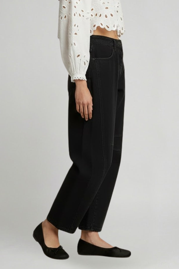 Front view of women's fashion high-waist wide-leg denim jeans with classic indigo wash.