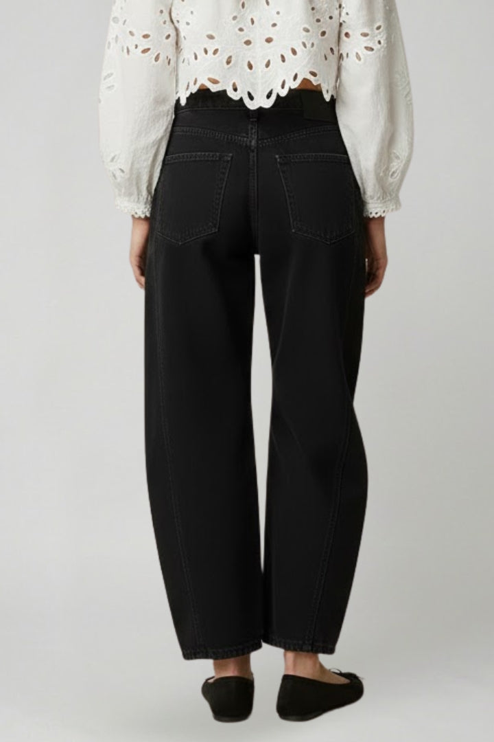 Close-up of the denim texture on women's high-waist stretch wide-leg jeans, showcasing quality fabric.
