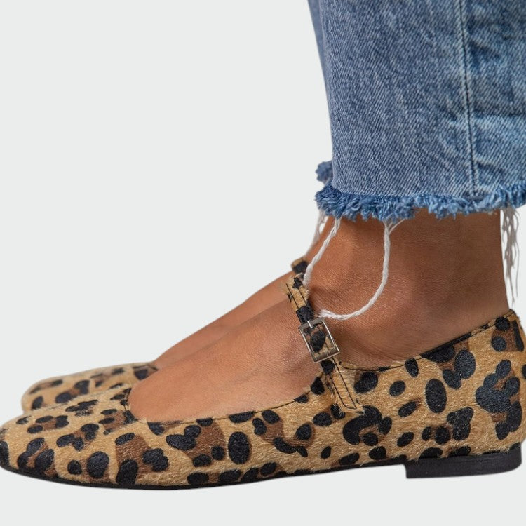 Stylish women's leopard print Mary Jane flats, comfortable and casual animal print footwear