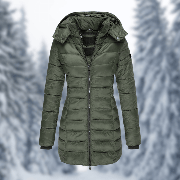 Stylish women's mid-length winter coat with a practical detachable hood, perfect for cold weather.
