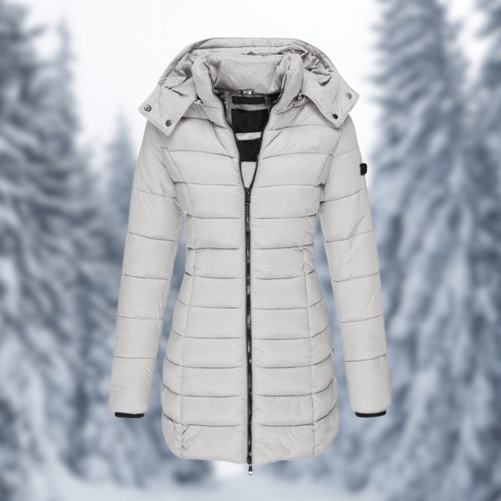 Front view of a chic women's winter jacket, mid-length, designed for warmth & everyday wear.