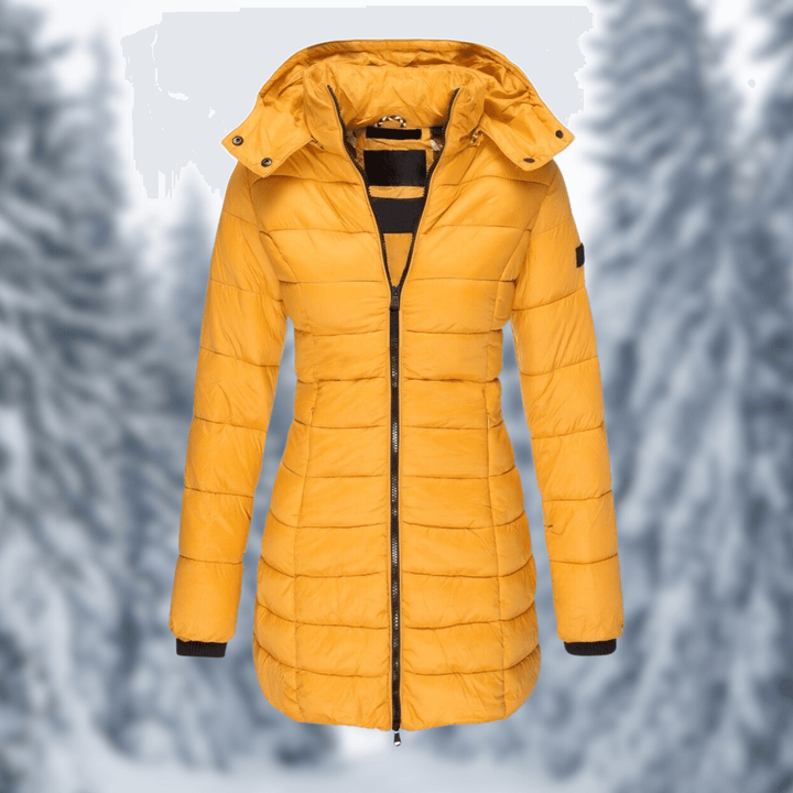 Cozy women's mid-length winter coat in a neutral color, featuring a versatile detachable hood.