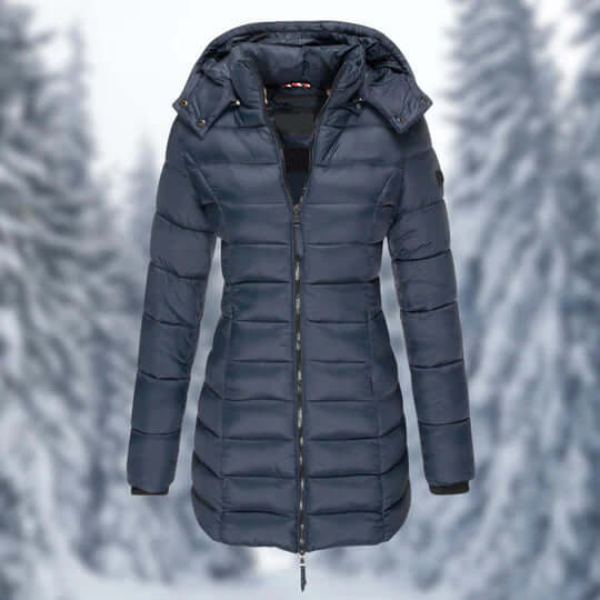 Elegant women's cold weather jacket, mid-length cut with a functional and stylish detachable hood.