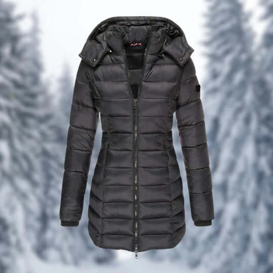 Practical & fashionable women's winter coat, mid-length, with cozy lining and a zip-off hood.