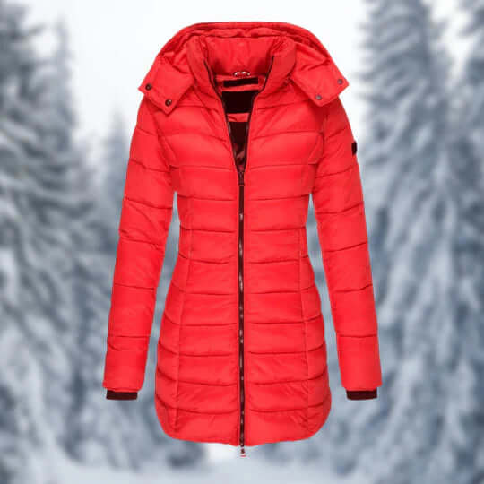 Warm women's outerwear: a chic mid-length winter coat with a detachable hood for versatile styling.