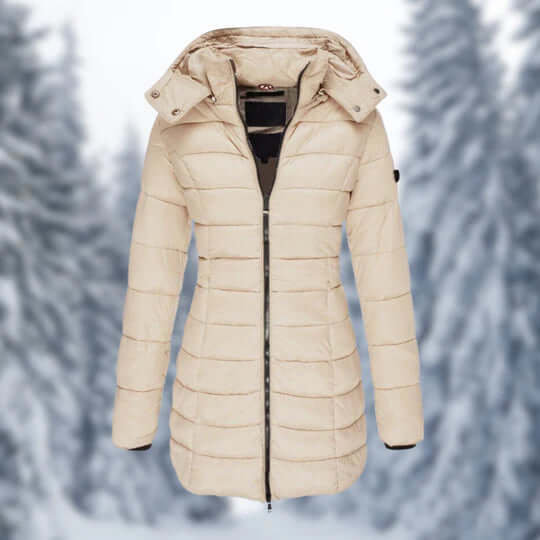 Women's sleek mid-length winter jacket, ideal for cold weather, boasting a detachable hood.