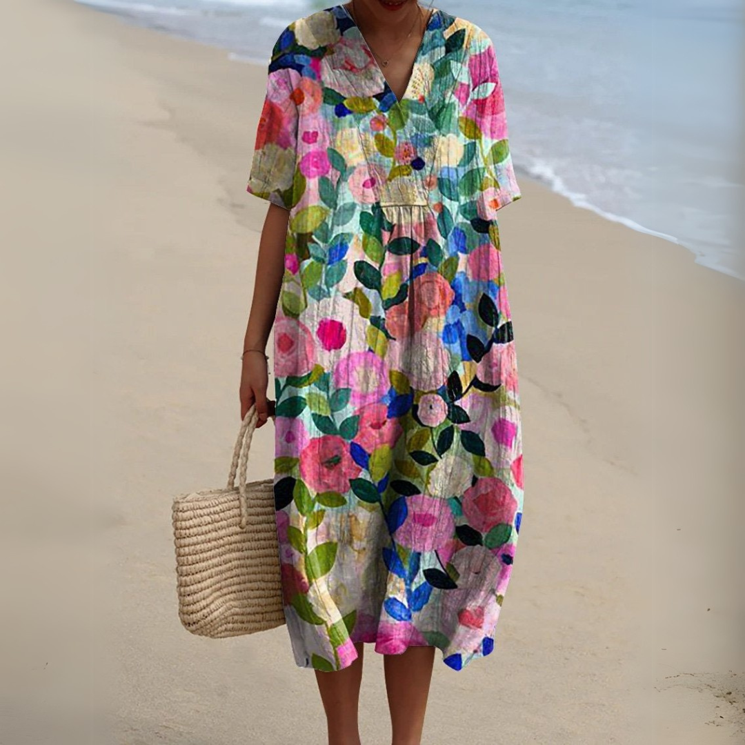 Stylish women's multicolour V-neck midi dress, perfect for summer casual elegance.