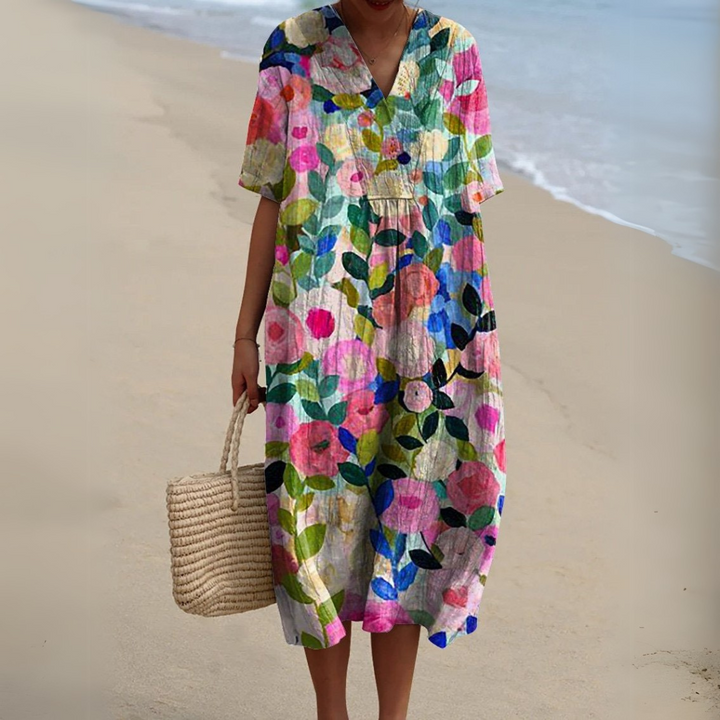 Stylish women's multicolour V-neck midi dress, perfect for summer casual elegance.