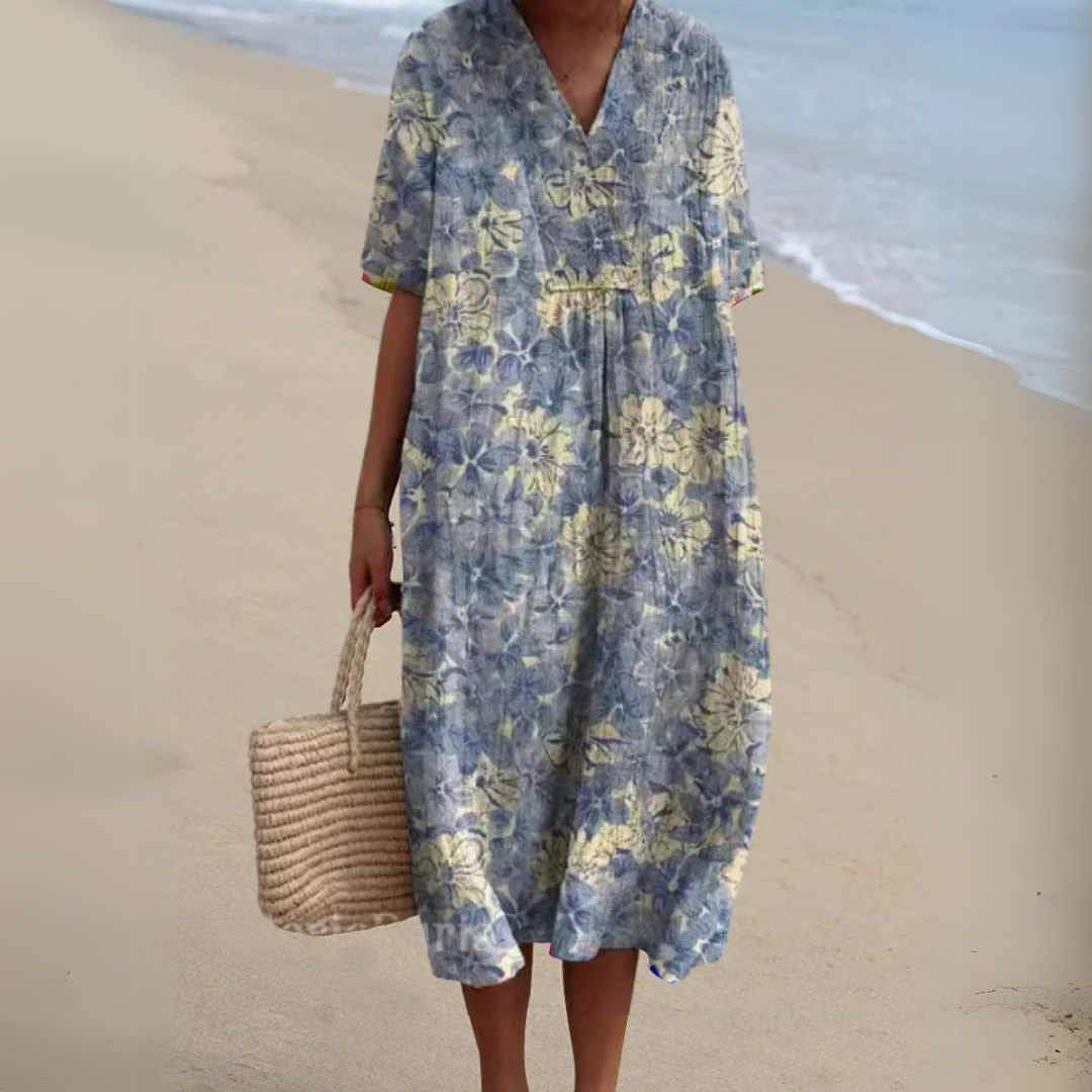 Casual chic women's multicolour V-neck dress, floral print, perfect for summer wear.