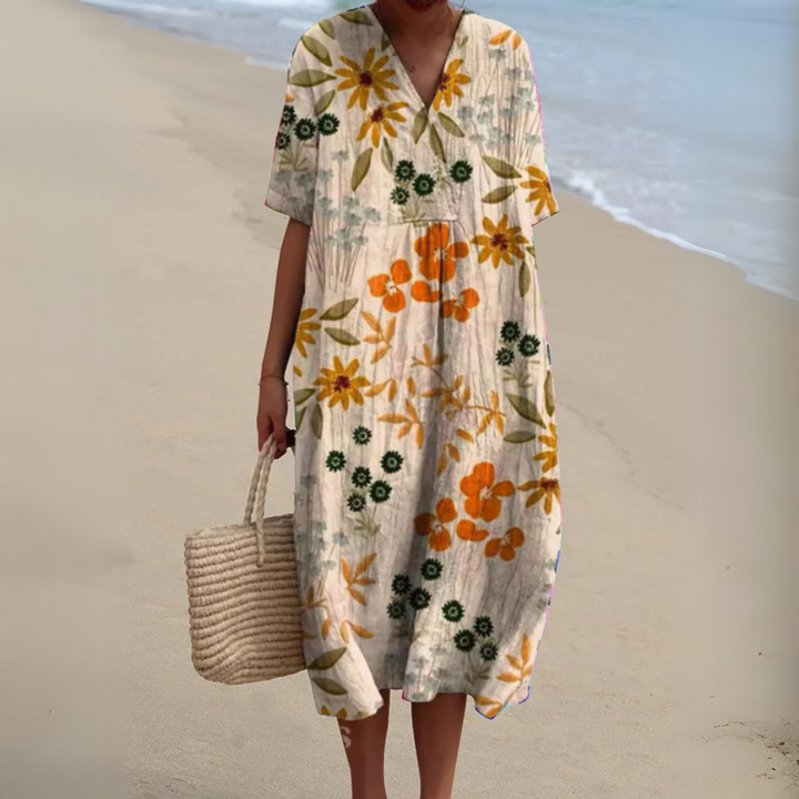 Vibrant multicolour V-neck floral dress, women's flowy summer midi, ideal for vacations.
