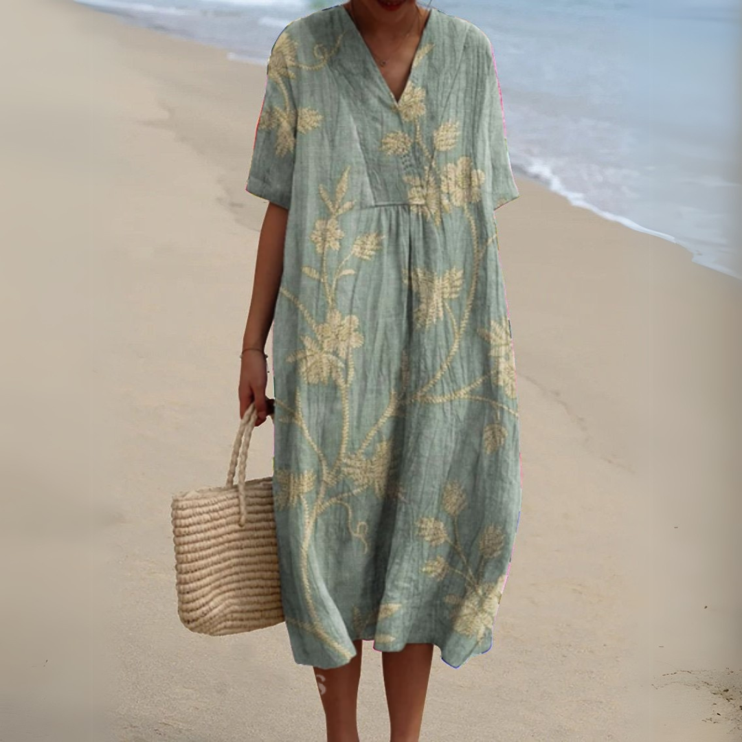 Casual multicolour V-neck summer dress for women, with a chic floral pattern.