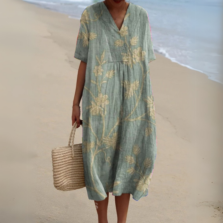 Casual multicolour V-neck summer dress for women, with a chic floral pattern.