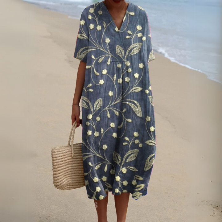 Summer flowy V-neck dress for women, multicolour floral print, casual elegance.