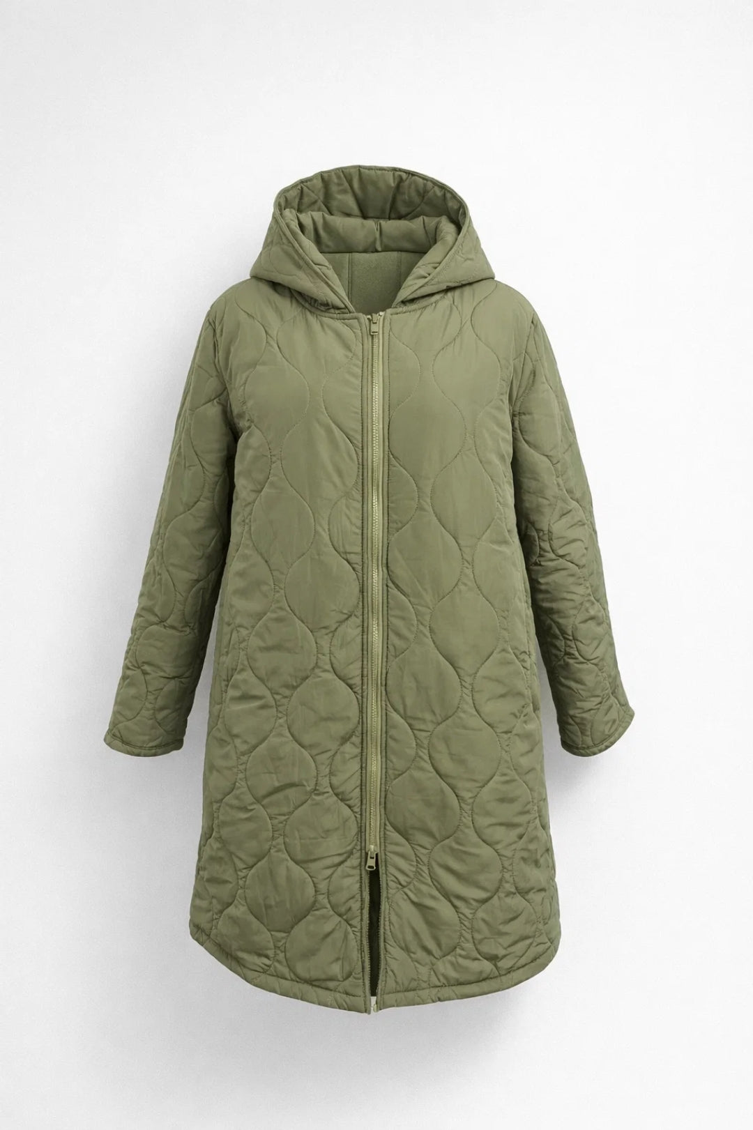 Comfortable women's quilted coat. Hooded, knee-length, and stylish for your autumn & winter casual wardrobe.