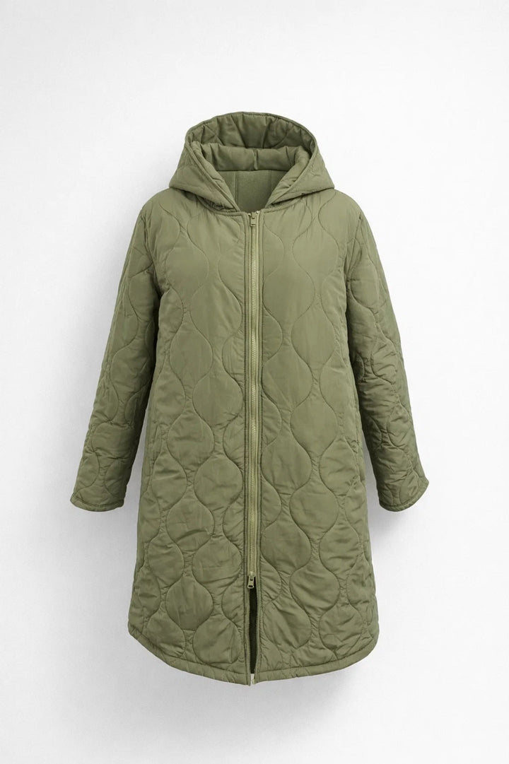 Comfortable women's quilted coat. Hooded, knee-length, and stylish for your autumn & winter casual wardrobe.