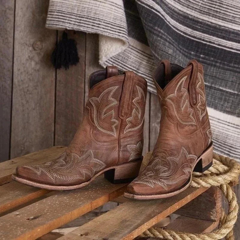 Stylish women's red embroidered cowboy boots with intricate Western stitching, blending comfort and autumn fashion.