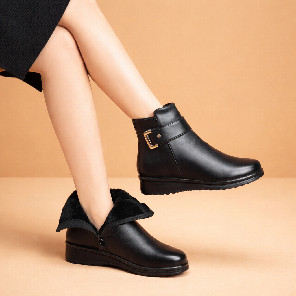 Comfortable women's winter ankle boots with warm lining. Chic and versatile for fall & cold weather fashion.