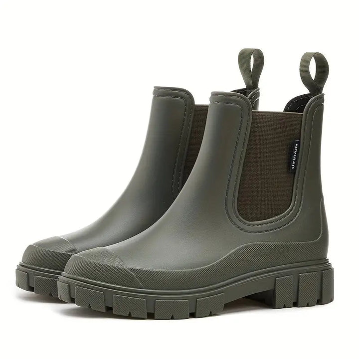 Women's stylish waterproof rain boots with non-slip sole. Perfect fashion footwear for comfort in wet & outdoor weather.