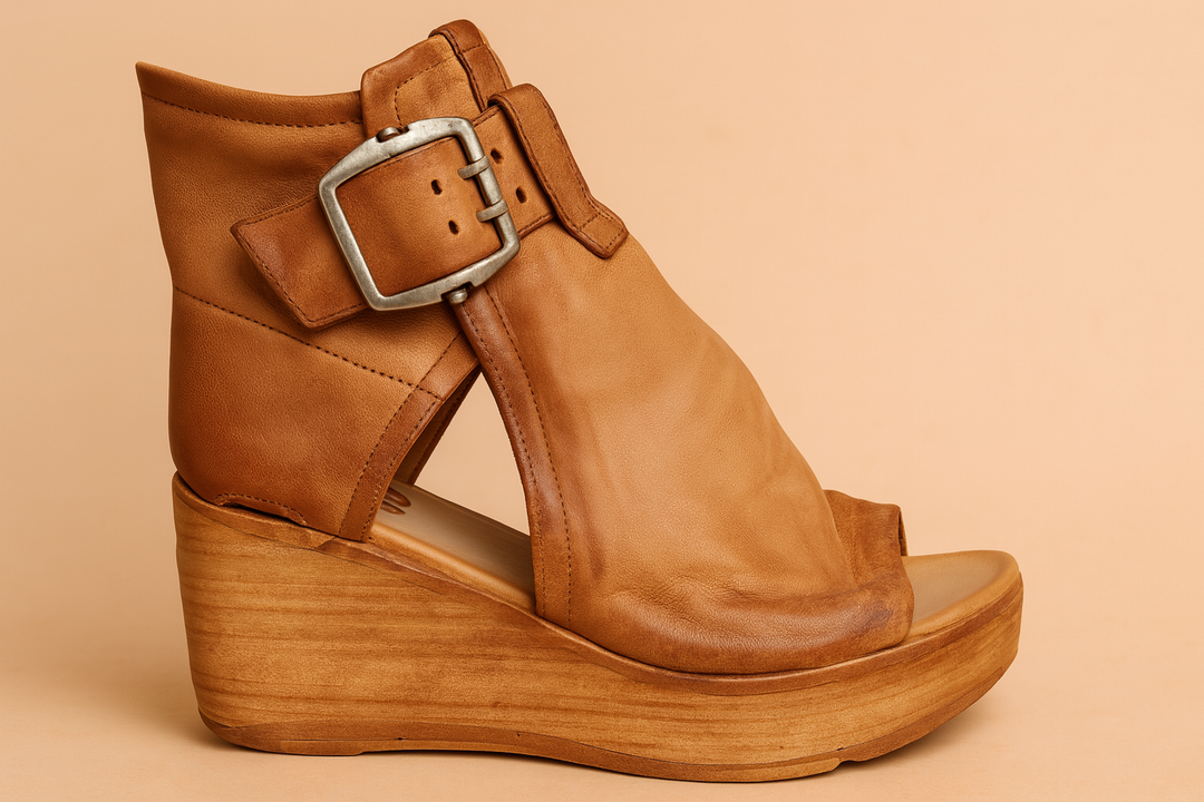 Elegant summer wedge sandals for women, showcasing a fashionable large buckle and comfortable design.