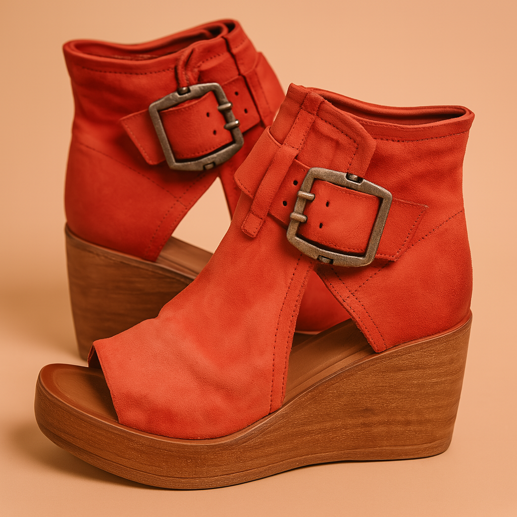 Fashionable women's wedge sandals with an eye-catching large buckle, ideal for stylish and comfortable footwear.