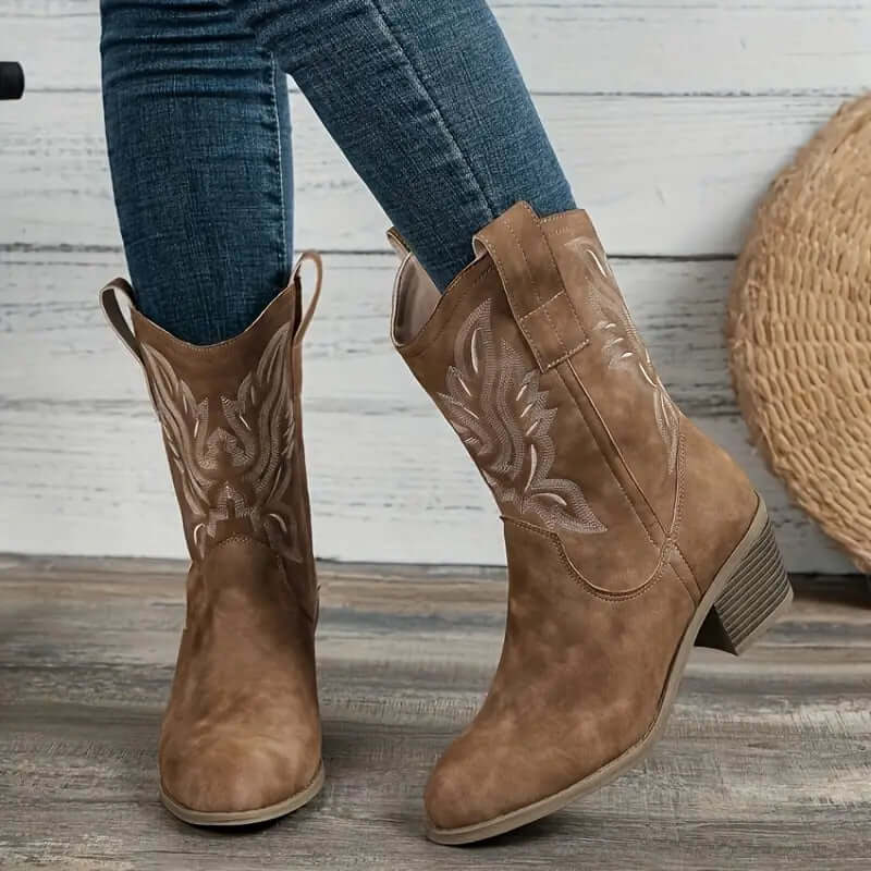 Stylish women's western cowboy boots, comfortable pull-on design for versatile everyday fashion footwear.