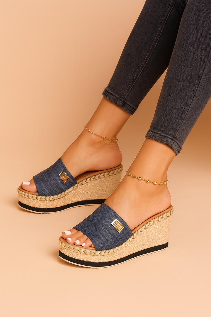 Elegant and casual women's wedge sandals with woven straps. Comfortable platform summer footwear.