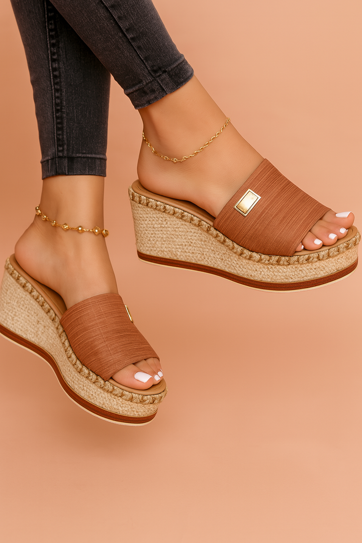 Comfortable woven wedge sandals for women. Stylish summer shoes with an open-toe design.