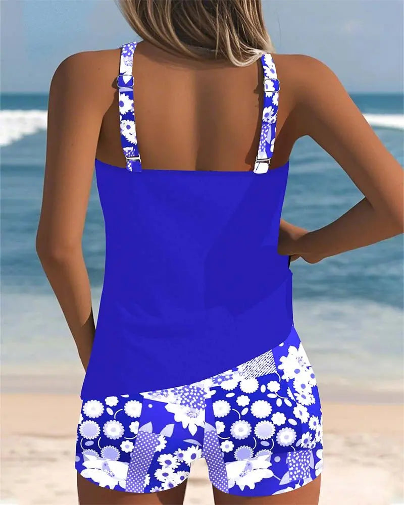 Essential women's summer tankini, two-piece with floral shorts & adjustable comfort. (90 characters)