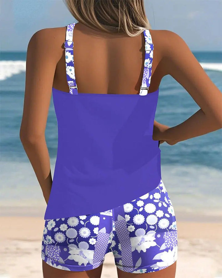 Women's adjustable strap tankini set, floral print shorts, ideal for a custom fit. (91 characters)
