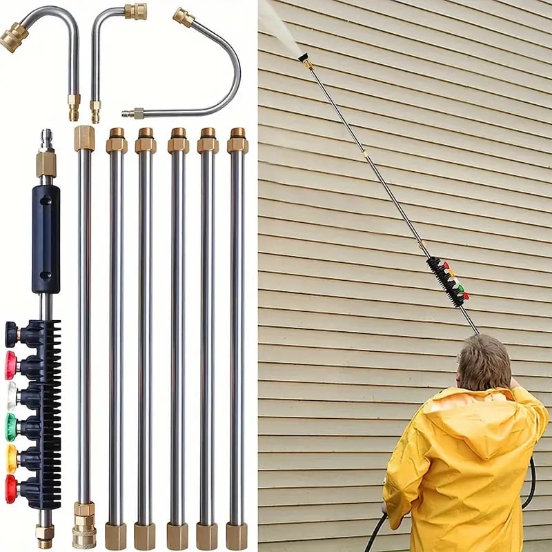Power washing gutters & roofs with an adjustable telescoping wand.