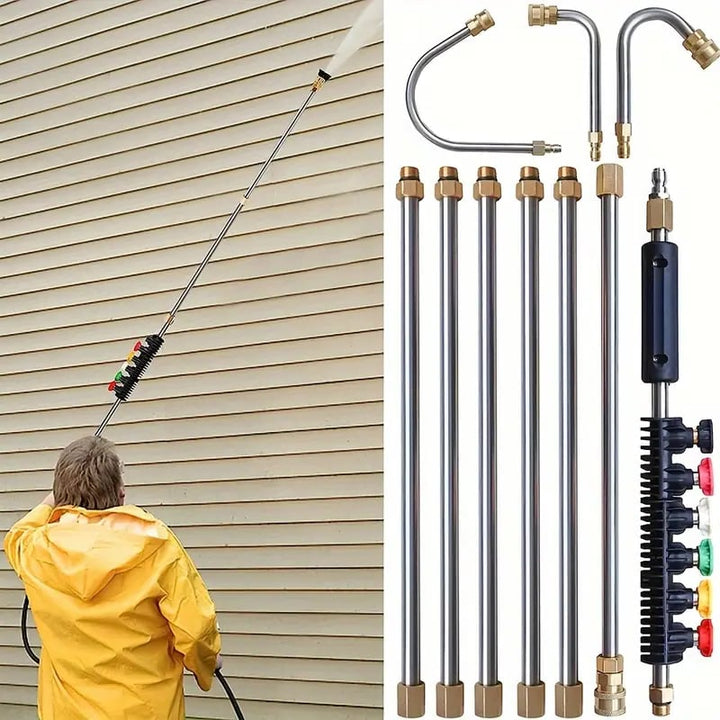 Power washing gutters & roofs with an adjustable telescoping wand.