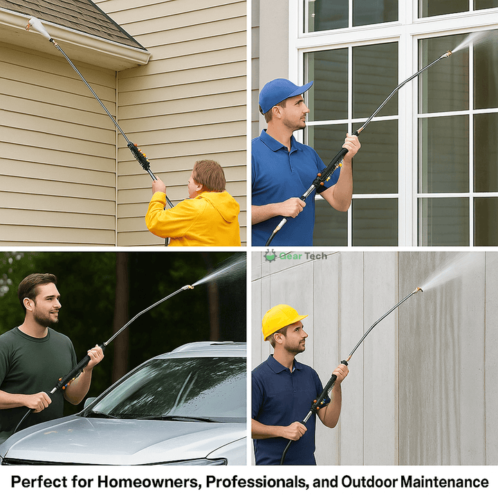 High pressure telescoping wand with adjustable length for superior cleaning.