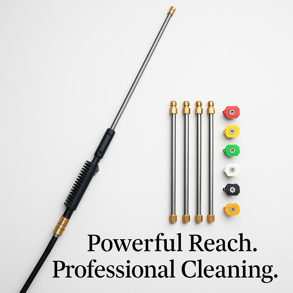 Powerful telescoping pressure washer wand for deep roof and gutter cleaning.