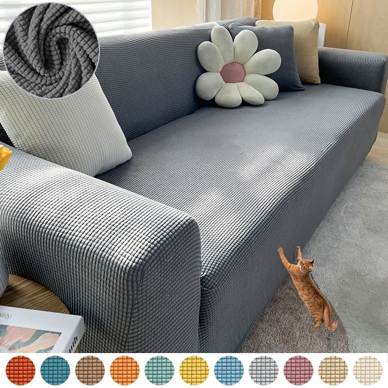 Example of textured stretch slipcover preventing pet hair and scratches on upholstery